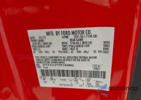 2013 Ford F-150 Stx z USA, uszkodzony, nr VIN 1FTFX1CF7DFC64962